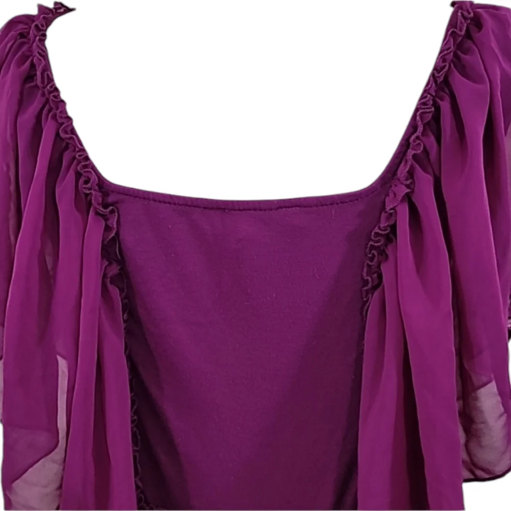 Moa Moa Purple Beaded Top Crochet Trim Flutter Sleeves Sz Large - Picture 5 of 11